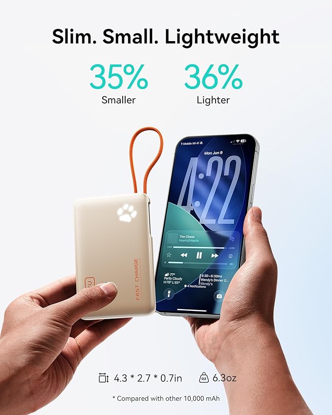 INIU 45W Power Bank, Fast Charging Portable Charger with Built-in USB C Cable, 10000mAh Small Type C Powerbank, Battery Pack for iPhone 17 16 15 14, iPad, Samsung S25 S24 etc Travel Camping, Beige