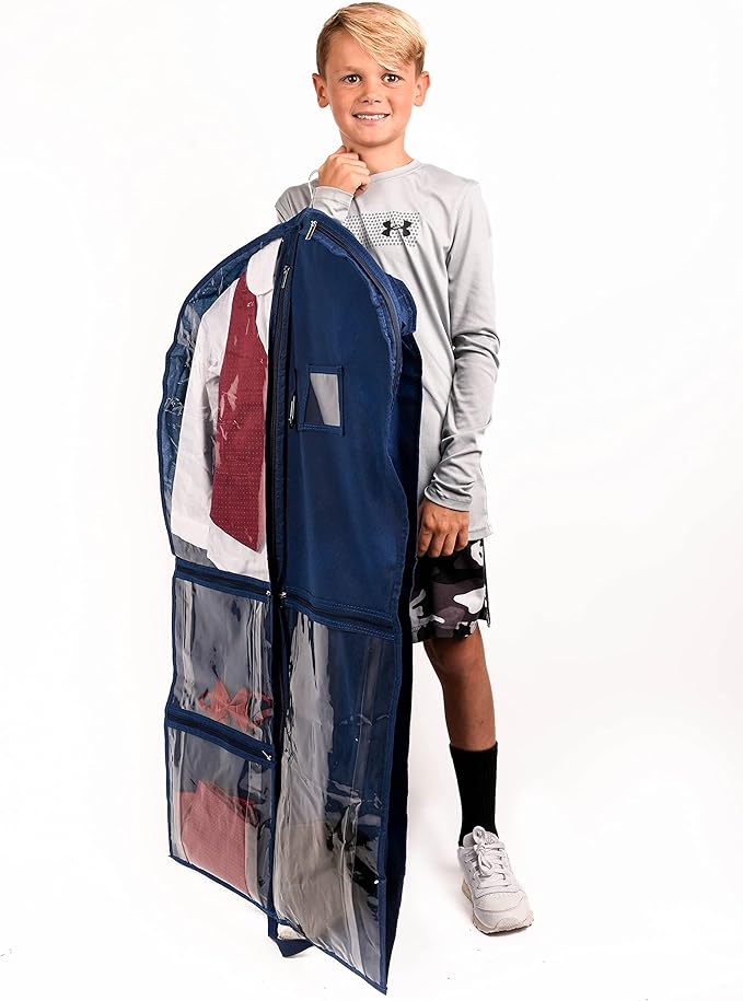 Waterproof Hanging Garment Bag 40 inch Clothes Bag with Gusset, 2 Pack, 5 Pockets & Side Zip for Dance Costumes, Sports, Skating, Theatre, Beauty Pageants,Cheer & More by Kendall Country, Navy Blue