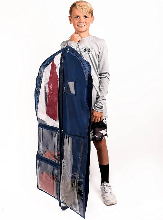Waterproof Hanging Garment Bag 40 inch Clothes Bag with Gusset, 2 Pack, 5 Pockets & Side Zip for Dance Costumes, Sports, Skating, Theatre, Beauty Pageants,Cheer & More by Kendall Country, Navy Blue