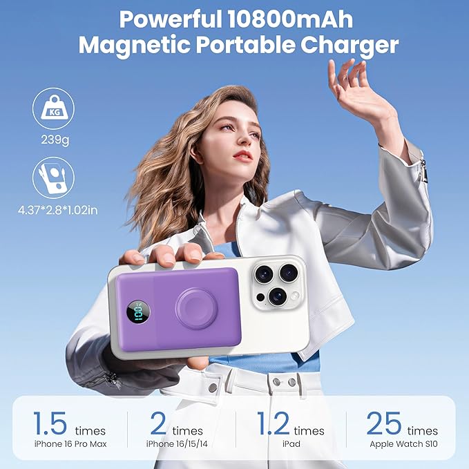 Ekrist Magnetic Portable Charger for MagSafe with Built-in Cable,iWatch Charger,Wireless Power Bank Travel Essentials,25W Fast Charging Battery Pack for iPhone 17/16/15,Apple Watch(Purple,10800mAh)