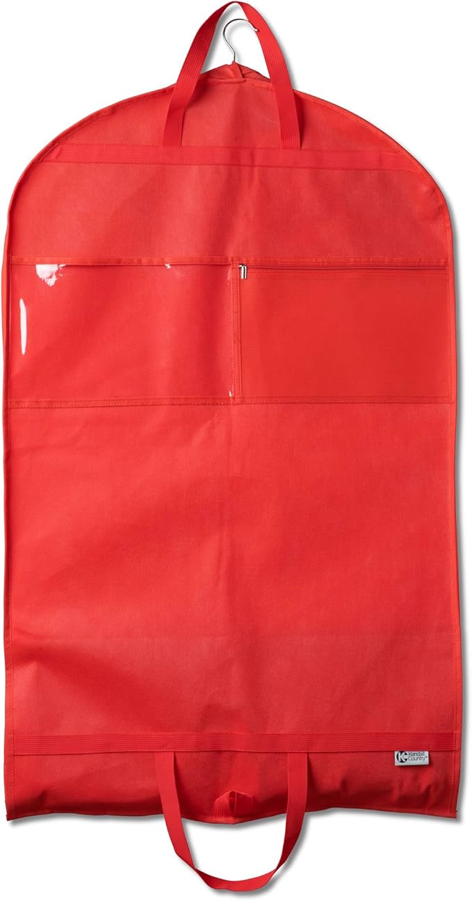 Enhanced Hanging Garment Bag with multiple clear Pockets, carrying straps, front and Side Zippers for Clothes, Dance Costumes, Cheer uniforms, and pageant dresses. (Candy Apple Red, 40 inch-2 pack)