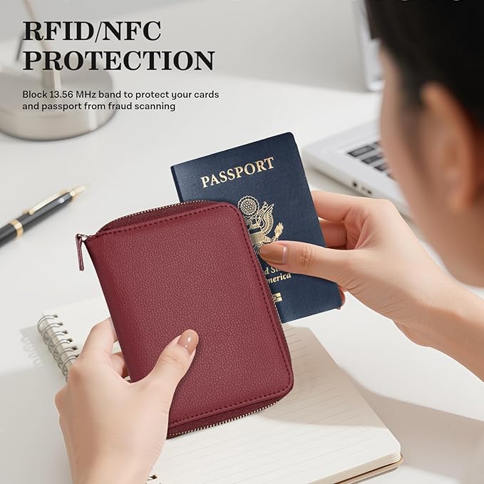 CoBak Passport Holder Cover with Safe Zipper Closure, Premium Passport Wallet for Travel, RFID Blocking Card Case, Waterproof Travel Accessories for Women, Pebbled Wine