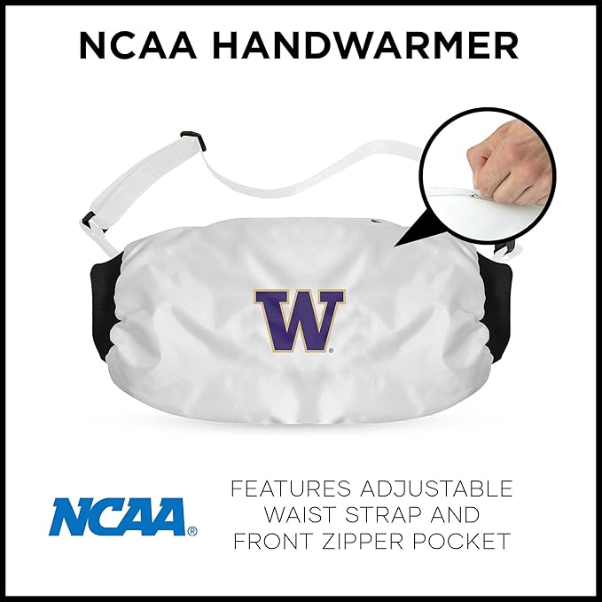 Northwest NCAA Washington Huskies Hand Warmer with Adjustable Waist Strap, Officially Licensed Cold Weather Hand Muff for College Sports, Outdoor Sports, Insulated Pocket, Polyester, 7 x 15 in