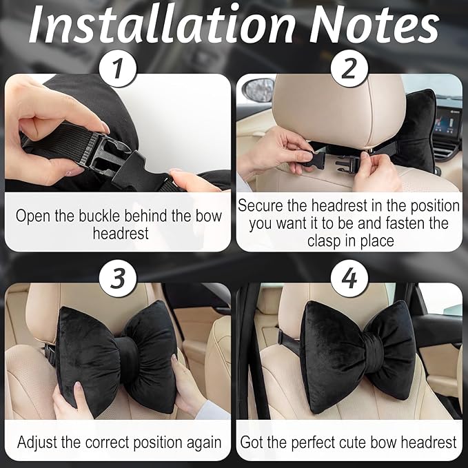 Macarrie 2 Pcs Car Neck Pillow Velvet Bow Headrest Pillow Soft Comfortable Seat Neck Support Cute Bow Car Accessories for Driving Travel Driver Chair Girl Interior Decor (Solid,Black)