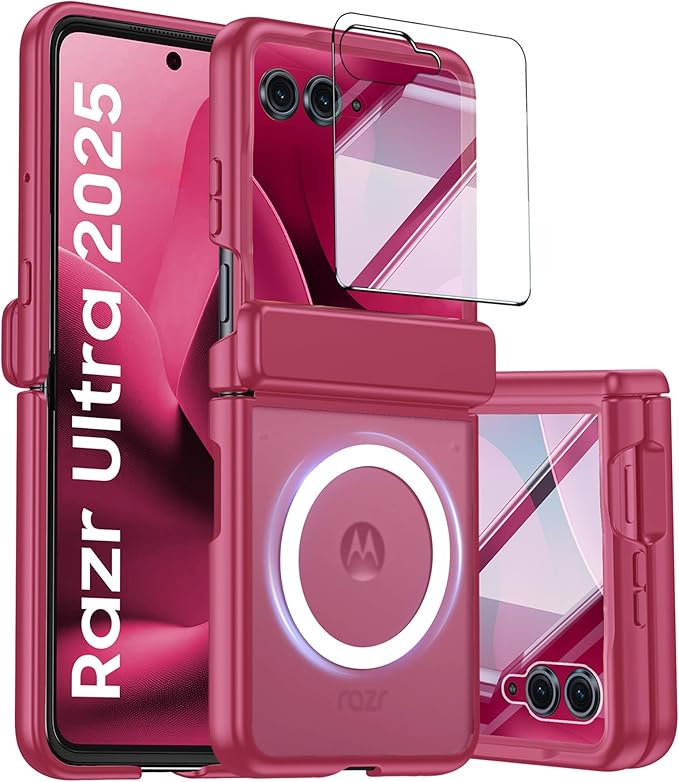 Magnetic for Motorola Razr Ultra 2026/2025 Case,Hinge Protection, Screen Protector, Compatible with MagSafe, Translucent Frosted, Shockproof Slim Cover for Razr Ultra 2026/2025-Rose Red