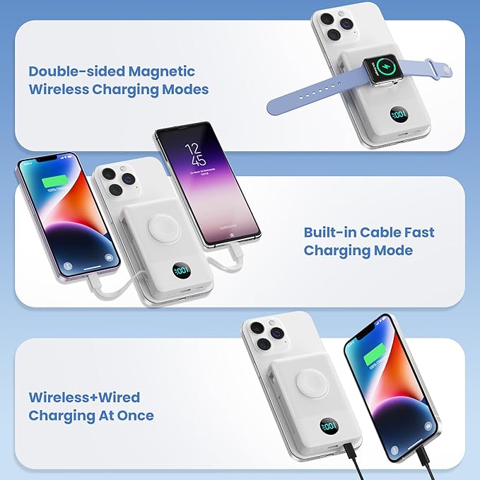 Ekrist Magnetic Portable Charger for MagSafe with Built-in Cable,iWatch Charger,Wireless Power Bank Travel Essentials,25W Fast Charging Battery Pack for iPhone 17/16/15,Apple Watch(White,10800mAh)