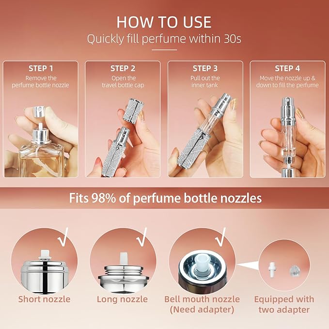 Perfume Travel Refillable Bottle, Cologne Portable Atomizer Fragrance Scent Sprayer with Sparkling Brilliantly, Pump Fill from Bottom Pocket Size 5ml for Travel Essentials & Best Gift(Silver)