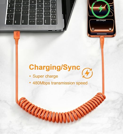 Coiled USB A to USB C Cable for Car [3FT+6FT], USB to USB C Cable Fast Charging 60W, USB Type C Cable iPhone Charger USBC Cord for iPhone 17/16/15/Pro Max/Plus/Samsung Galaxy S26/S25/Ultra-Orange