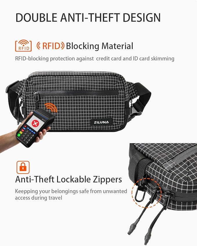 2L Sling Bag for Men & Women - Anti-Theft RFID Blocking Fanny Pack with Lockable Zippers, Water Resistant Lightweight Crossbody Bag for Travel Hiking Running Gym Walking Daily Use(Black Plaid)
