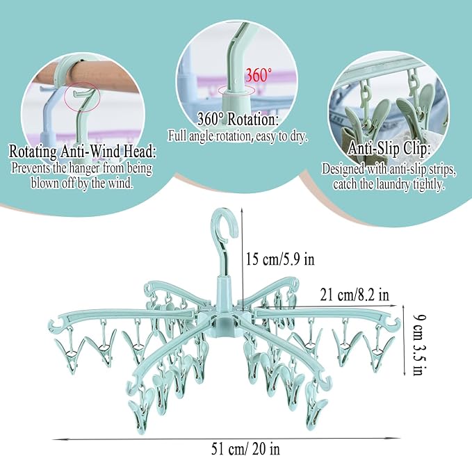 Foldable Drying Rack with 24 Clips for Drying Socks Lingerie Baby Clothes Drying Towels Rotatable Sock Drying Rack 2pcs (Green)