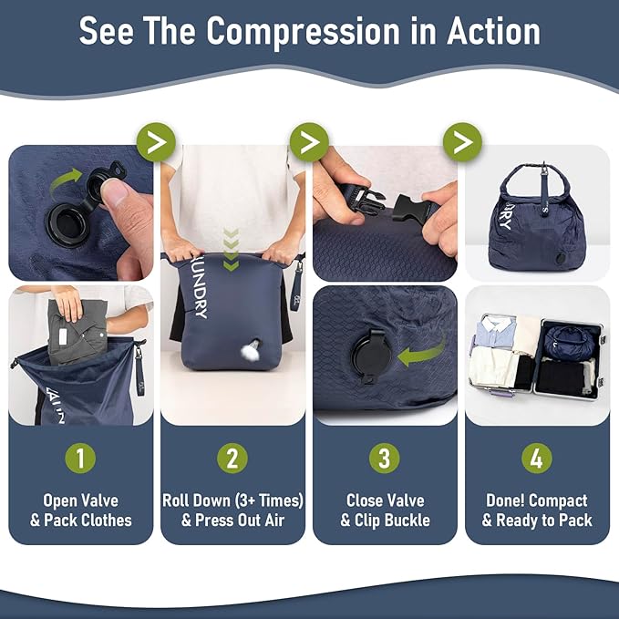 WiseBoy Travel Laundry Bag 2 Pack, Compression Laundry Bag for Dirty Clothes, Waterproof Wet Dry Bag, Pump-Free Space Saving Organizer for Suitcase Packing, Gym, Swim, Camping (Navy Blue & Green)