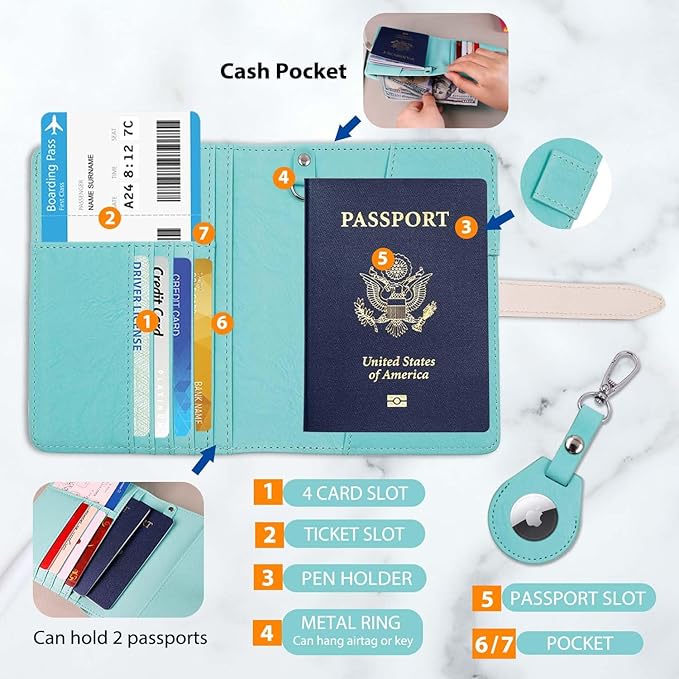 Passport Wallets, Mulit-Purpose RFID Blocking Passport Holder AirTag Wallet, Travel Wallet（Blue-White）