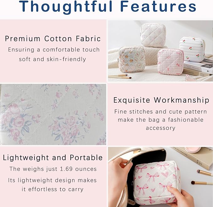 RSRSLEII Small Quilted Cosmetic Pouch for Purse, Mini Cotton Makeup Bag with Compartments, Cute Zipper Lipstick Holder for Women (13PinkRose)