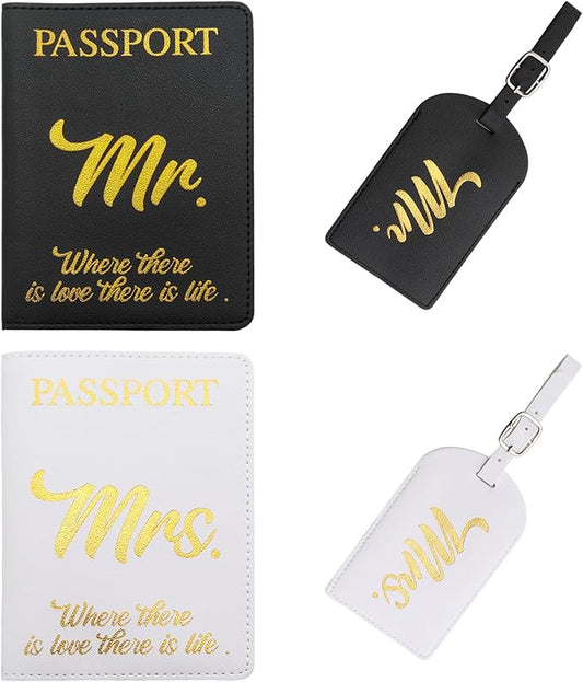 2 Sets Passport Covers Holder and Luggage Tags Set, Leather Travel Luggage Tags Gift for Bridal Shower, Wedding Engagement, Couple Honeymoon Travel(Black&White)