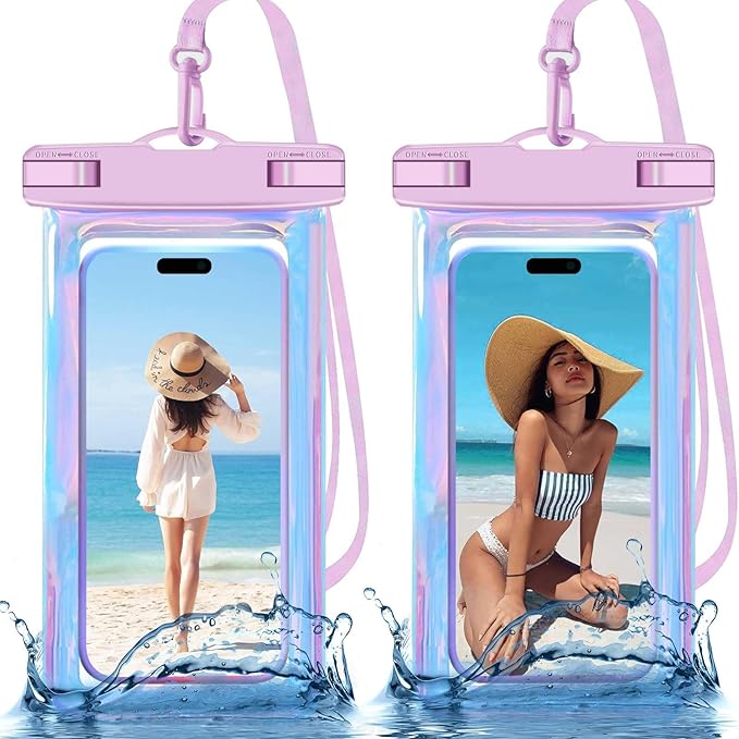 Famoby 2 Pack Iridescence Waterproof Phone Pouch, Cell Phone Waterproof Case Dry Bag,Protection Level: IP68,Beach Cruise for iPhone,Samsung,and More,Lanyard Included,(Fits Up to 8.3"),Iridescence