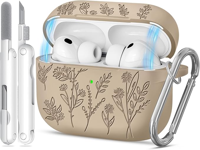 for Airpods Pro 3 Case with Magnetic Lid, Flower Engraved Cases for Apple AirPods Pro 3rd Generation 2025, Soft Silicone Cover for Women Girly with Cleaner & Keychain, Shockproof