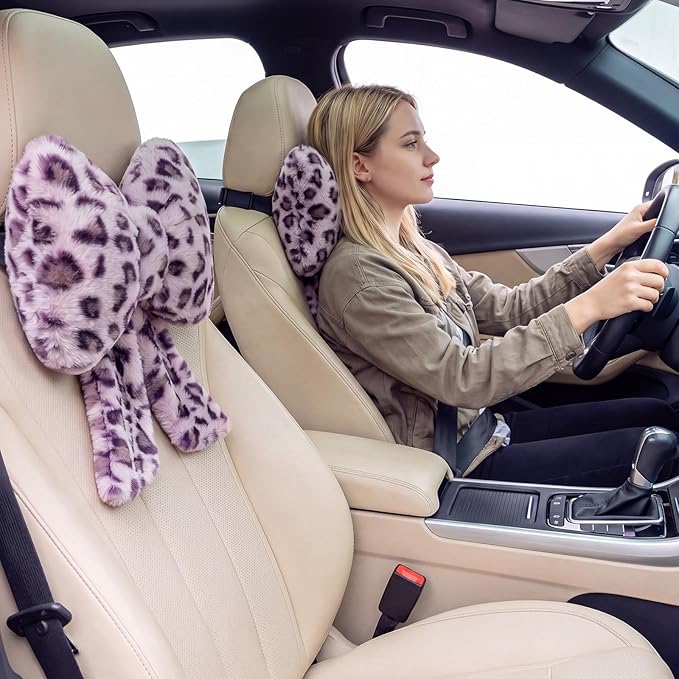 Macarrie 2 Pcs Car Neck Pillow Plush Butterfly Bow Car Headrest Pillow Comfortable Seat Neck Support Cute Head Rest Accessories for Driving Travel Driver Chair Girl Interior Decor(Purple,Leopard)
