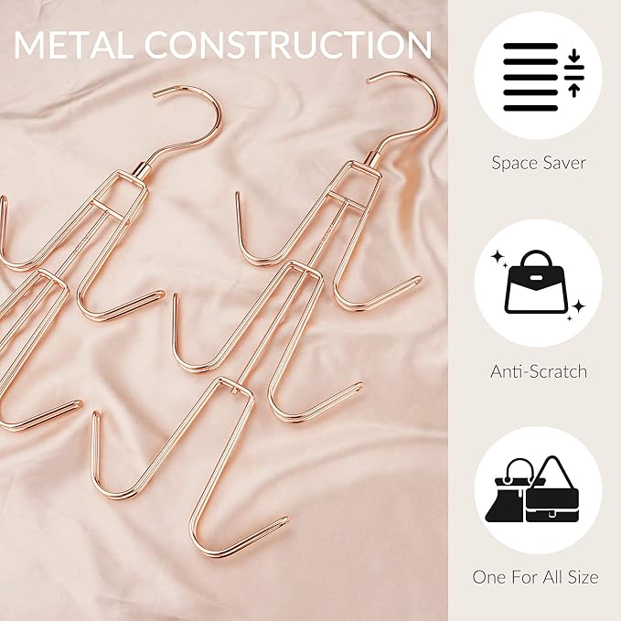 ZEDODIER Purse Organizer for Closet, Heavy-Duty Hanging Purse Hanger Closet Holds Up to 6 Purses, Metal Rotating Space Saving Bag Holder Handbag Storage Hook Backpack Rack, Rose Gold