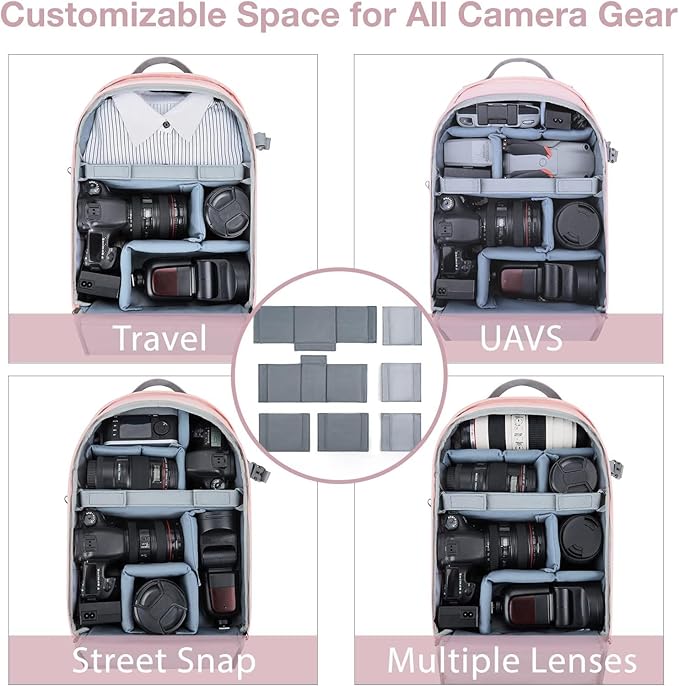 BAGSMART Camera Backpack, DSLR SLR Camera Bag Backpack Fits 15.6 Inch Laptop, Waterproof Camera Case for Photographers and Women,with Rain Cover,Tripod Holder,Pink