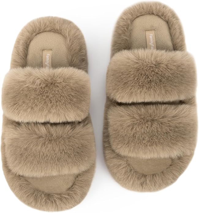 FamilyFairy Women's Fluffy Faux Fur Slippers Comfy Open Toe Two Band Slides with Fleece Lining and Rubber Sole
