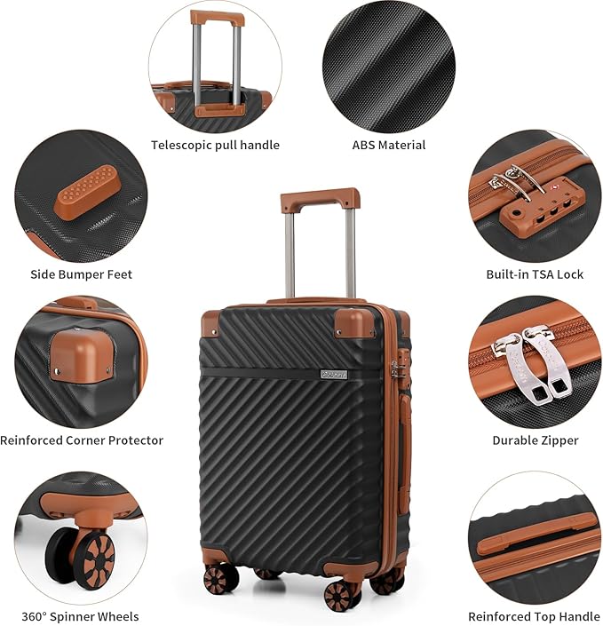 Cosbarn Carry On Luggage 22x14x9 Airline Approved, Hardside 20 Inch Carry on Suitcases with Wheels, Hard Shell ABS Lightweight Carry on Luggage Set, Travel Suitcase Set with TSA Lock, Black