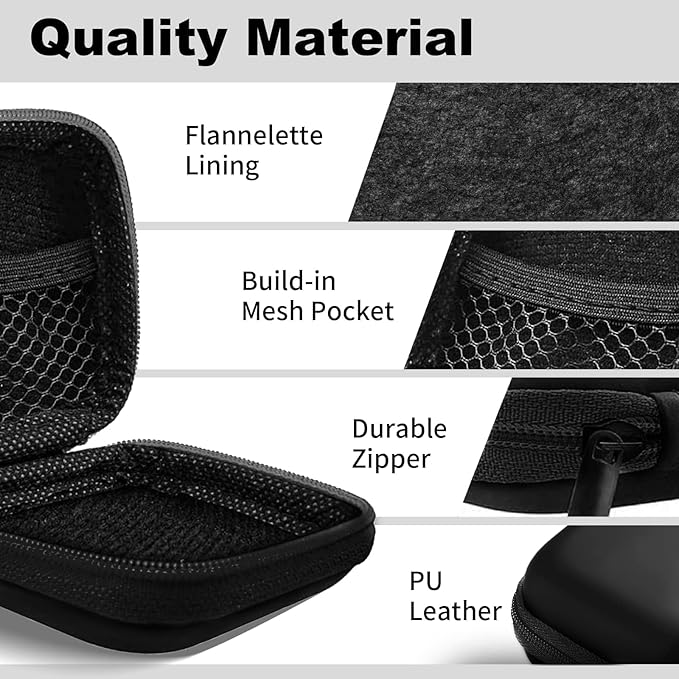 Square + Round Earbud Case Portable EVA Carrying Case Storage Bag Cell Phone Accessories Organizer with Carabiner for Earphone, Earbud, Earpieces, SD Memory Card, Camera Chips, Black * 2