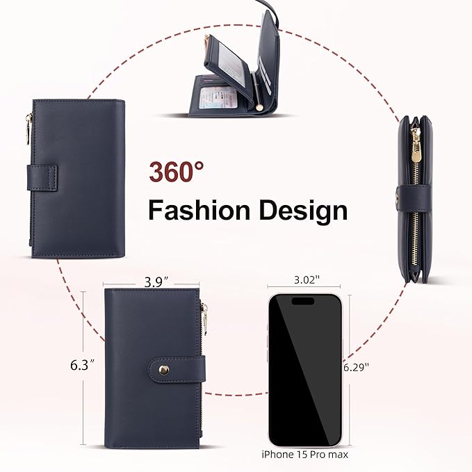 yiijay Wallet for Women RFID Blocking Leather Trifold Clutch Wallet Credit Card Holder Ladies Travel Wallet Purse with Pen Holder