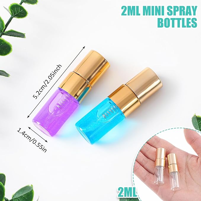 Zhehao 1 Pcs Mini Spray Bottles Clear Glass Perfume Bottles Refillable Fine Mist Perfume Atomizer Portable Empty Sample Containers for Cleaning, Essential Oils, Travel (Gold Cap,2 ml)