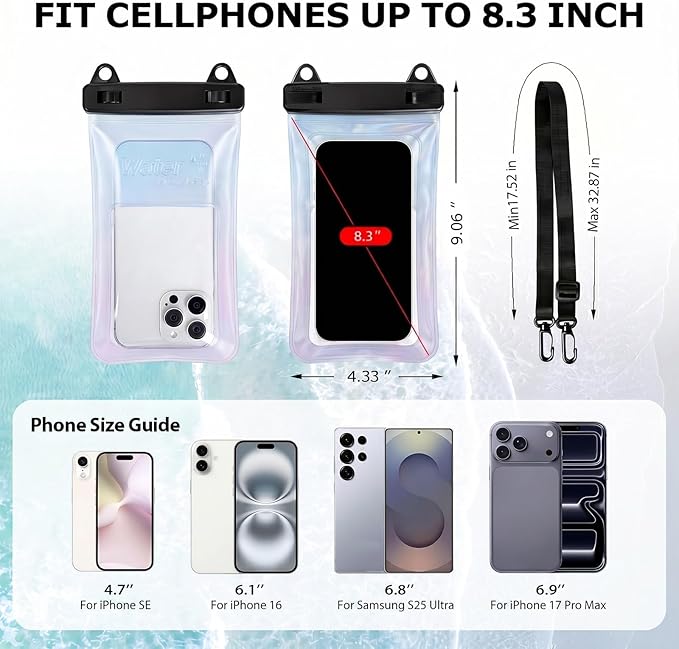 Waterproof Phone Pouch, with Interior Card Pocket, Large Waterproof Phone Case for iPhone 17 16 Pro Max, IPX8 Lightweight Cellphone Dry Bag, Beach Cruise Ship Essentials,1 Pack-Iridescent-8.3″