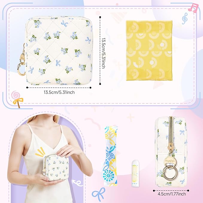 Floral Period Bag, Small Period Pouches for Teen Girls, Quilted Sanitary Napkin Storage Bag, Compact Discreet Pad and Tampon Holder for Purse (Floral-Blue)