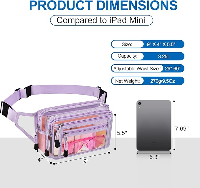 Clear Bag Stadium Approved Clear Fanny Pack for Women for Work,Multi-purpose Waist Bag for Travel & Sporting Event