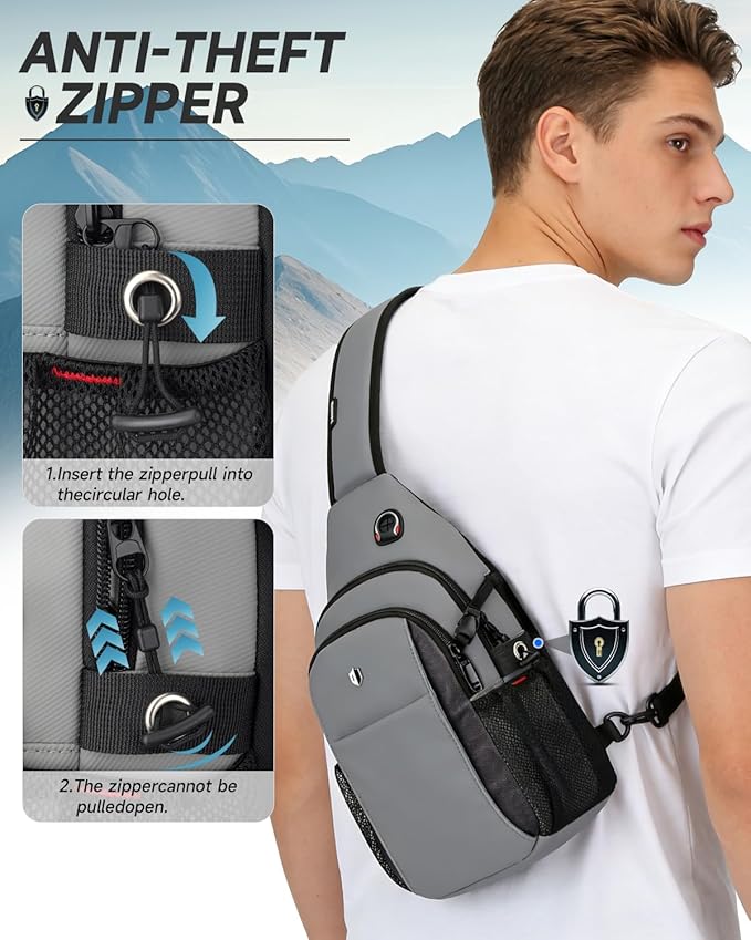 Anti-Theft Sling Bag for Men, Water Resistant lightweight Crossbody Backpack With Side Pocket, Built-in Audio Port, Reversible Strap, Travel Hiking Chest Pack Fits 11 inch iPad & Switch 2