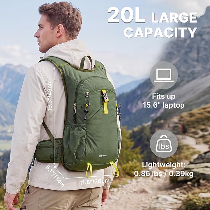 G4Free 20L Hiking Backpack with Waist Strap for Women Men, Lightweight Waterproof Daypack for Travel Camping Outdoor, Green