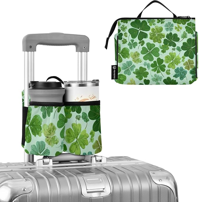 Luggage Cup Holder for Suitcases Free Hands Suitcase Cup Holder Travel Luggage Drink Holder Portable Luggage Cup Caddy Bag Carrier with Handle Green Nature St Patrick Clovers