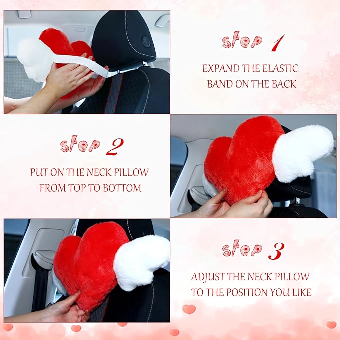 Macarrie 2 Pcs Plush Heart Shaped Pillow with Angel Wings Car Headrest Soft Comfortable Seat Pillow for Driving Travelling Room Office Car Decor, 19.7 x 8.3 Inch(Red)