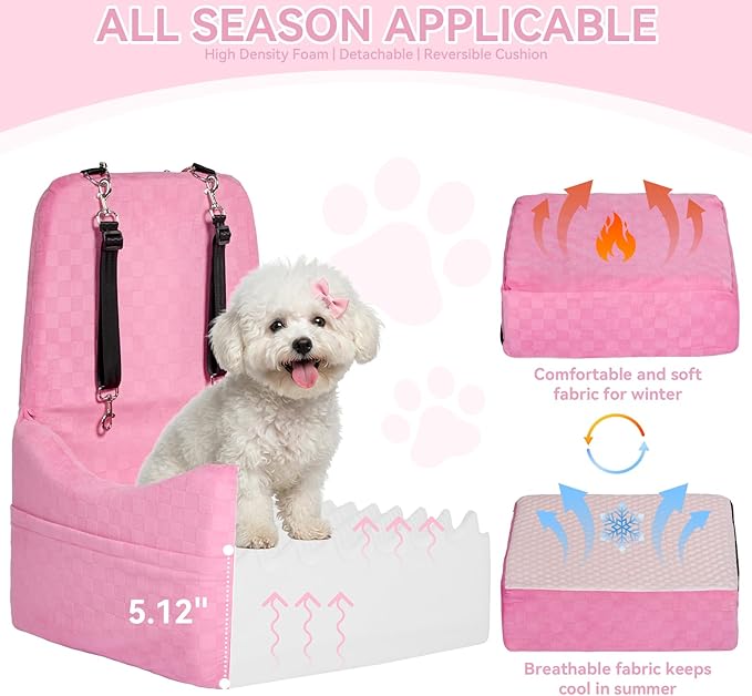 PETSFIT Dog Car Seat for Small/Medium Dogs Up to 35 lbs – Patented Safety System, 5" Memory Foam Pet Booster Car Seat, Fully Detachable and Washable Dog Carseat with 2 Storage Pockets (Pink)