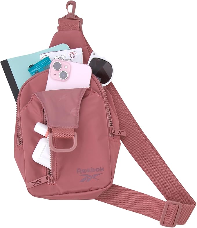Reebok Unisex Crossbody Bag - Convertible Compact Durable Cross Body Bag for Women and Men - Gym and Travel Essentials, Size One Size, Berry Rose