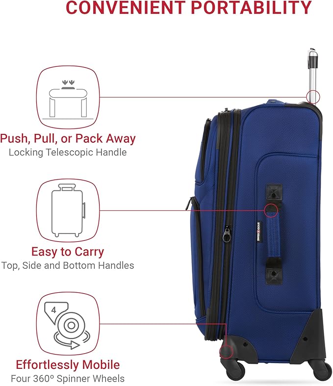 SWISSGEAR Sion Softside Expandable Spinner Luggage Durable Lightweight Travel Suitcase, Blue, 2-Piece Set (Carry-On/Large)
