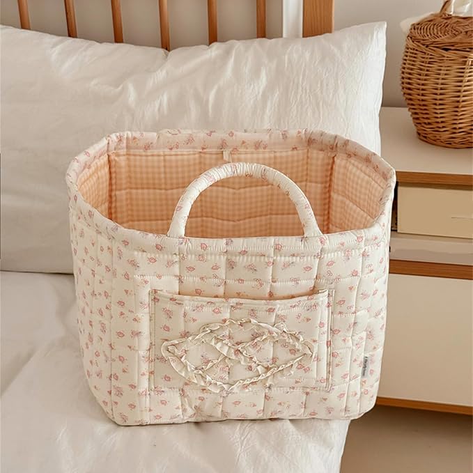 Floral Fabric Storage Basket Car Interior Storage Basket Underwear Sundries Laundry Baskets Supplies Home Organizer Bag (white bow)