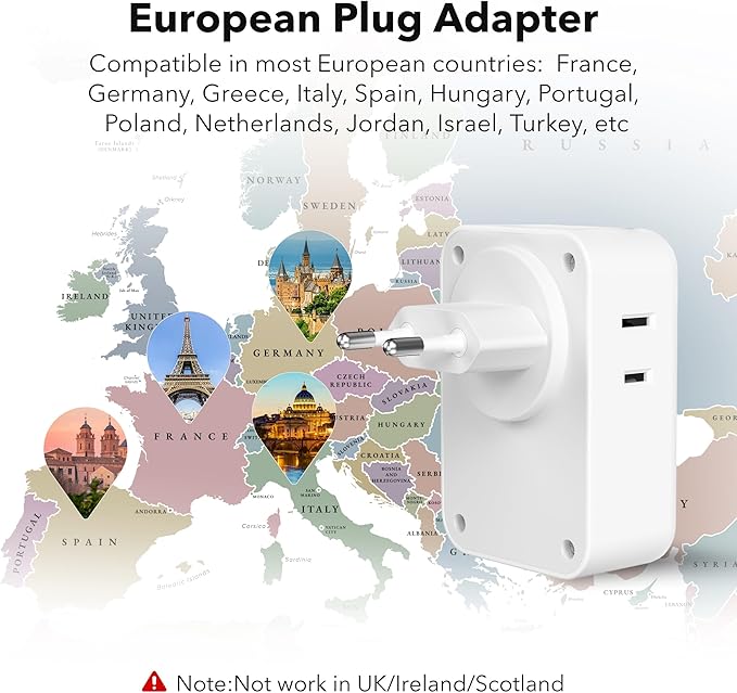 BN-LINK European Travel Plug Adapter, Type C Power Plug Adapter with 4 AC Outlets and 3 USB Ports (1 USB C) for US to Most of Europe Iceland Spain Italy France Germany
