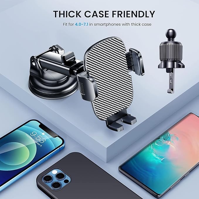 Phone Mount for Car Phone Holder [Military-Grade Suction & Stable Clip] Car Phone Holder Mount Windshield Dashboard Air Vent Universal Automobile Mount Fit for All Dash Mounting Kits iPhone