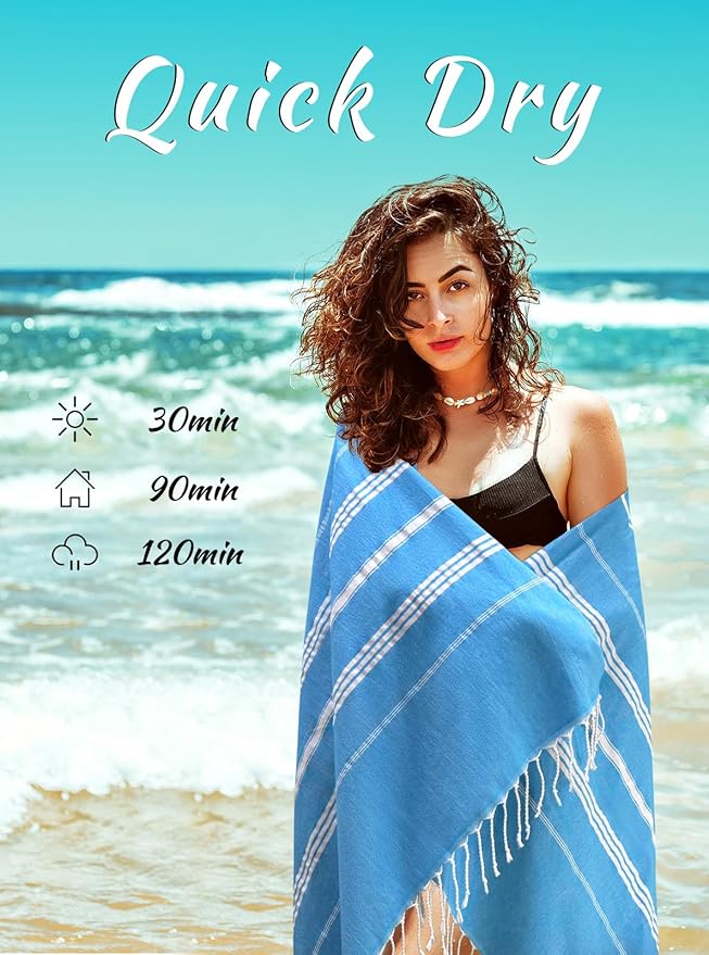 cabanana Turkish Beach Towel Oversized - 40"x70" Quick Dry Sand Free Thin Beach Towels for Adults,Extra Large Cotton Lightweigh Travel Towel for Beach Accessories (Sky Blue)