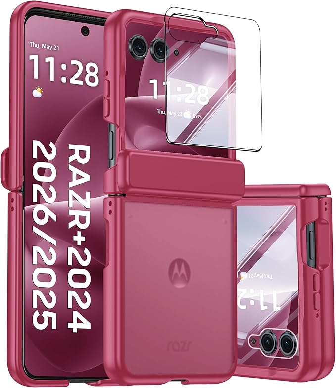 for Motorola Razr+ Plus 2026,Razr+ Plus 2025/2024 Case with Hinge Protection, Screen Protector, Skin Feel Translucent Frosted, Shockproof Cover for Razr+ 2026/2025/2024-Rose Red