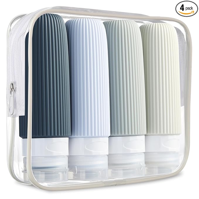 Mrsdry Travel Bottles for Toiletries, Tsa Approved 3oz Portable Travel Bottles, BPA Free Leak Proof Squeezable Silicone Travel Size Containers, Travel Accessories with Clear Toiletry Bag (4 Pack)