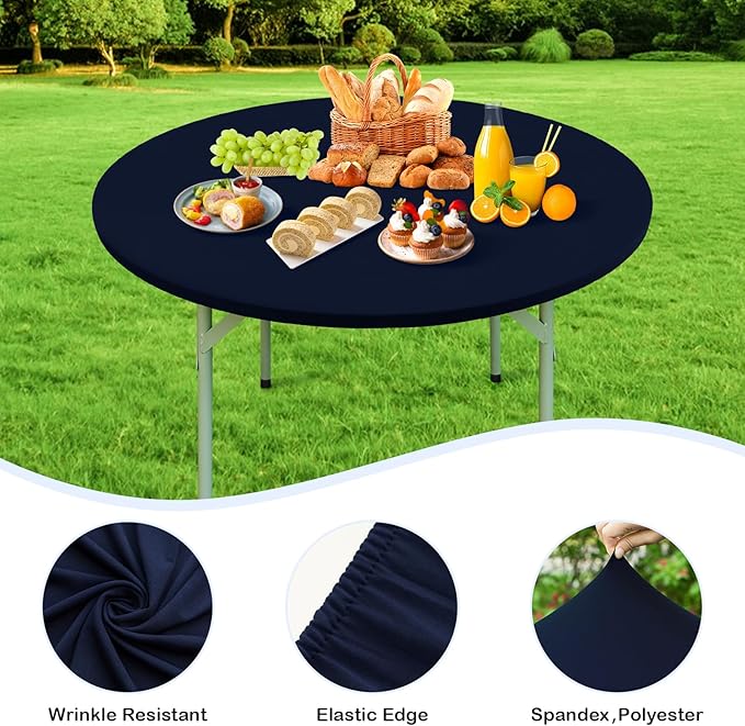 Wolkemer 2 Pack 5 Foot Navy Blue Fitted Tablecloth 60 Inch Round Elastic Edges Table Cloth, Spandex Stretch Table Cover with Machine Washable Fabric for Wedding Party Picnic Dining Indoor Outdoor