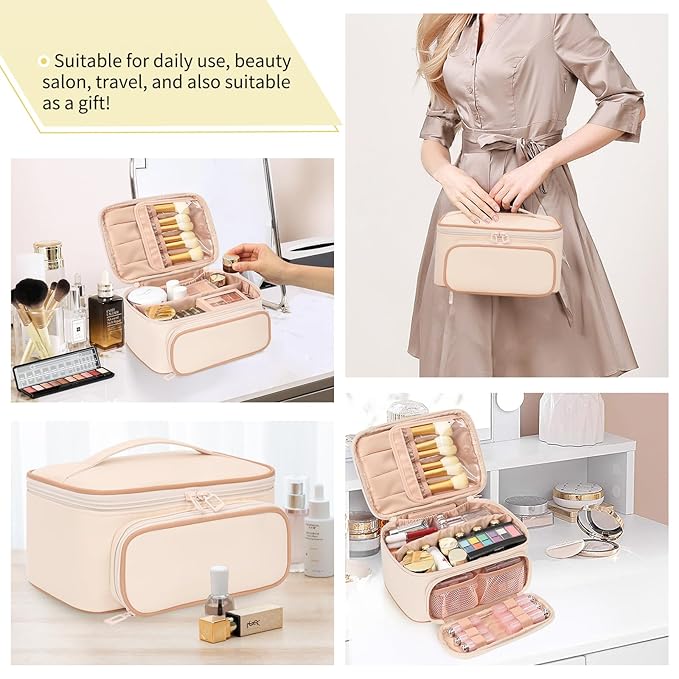 OCHEAL Makeup Bag, Multifunctional Large Cosmetic Organizer Toiletry Brushes Storage Case for Women Girls with Handle Divider - Beige
