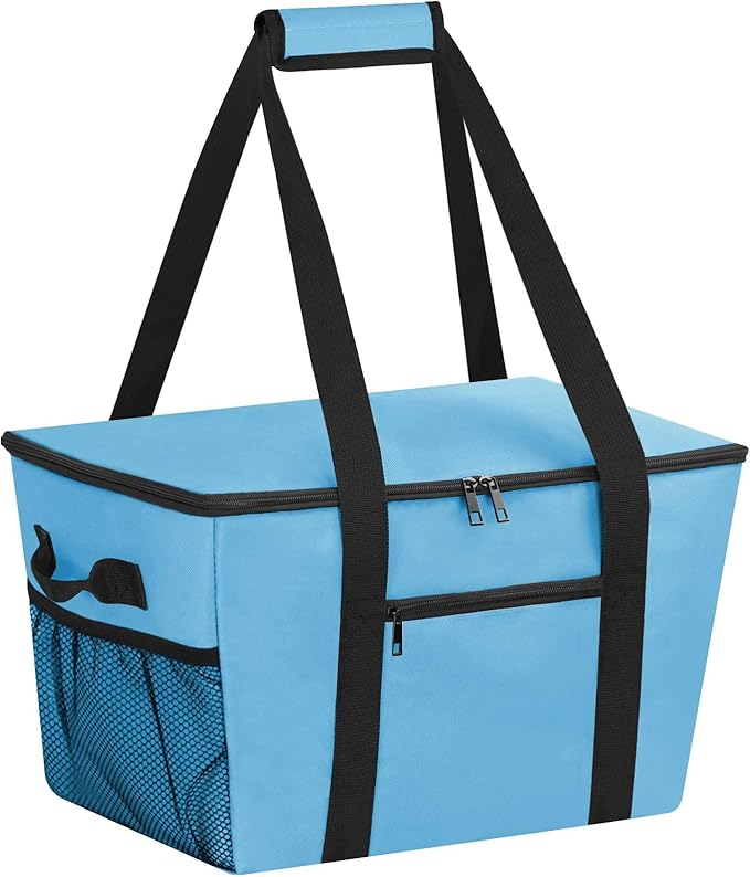 Reusable Grocery Bag – Expandable Insulated Cooler Bag with Bottom Board, Collapsible Insulated Shopping Bag with Zipper & Drawstring, Heavy Duty Tote Bag for Shopping, Delivery, Picnic, Beach