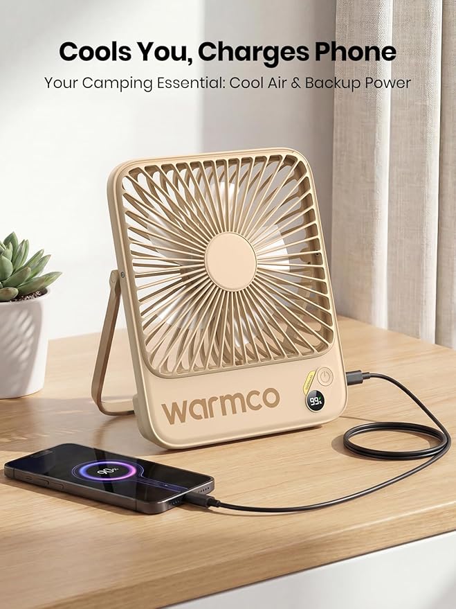 Warmco 10000mAh Portable Travel Fan 7-inch, Up to 24H Runtime, Ultra-thin Quiet Rechargeable Battery Operated Desk Fan with Digital Display for Camping, Office, Bedroom, Cruise Essentials