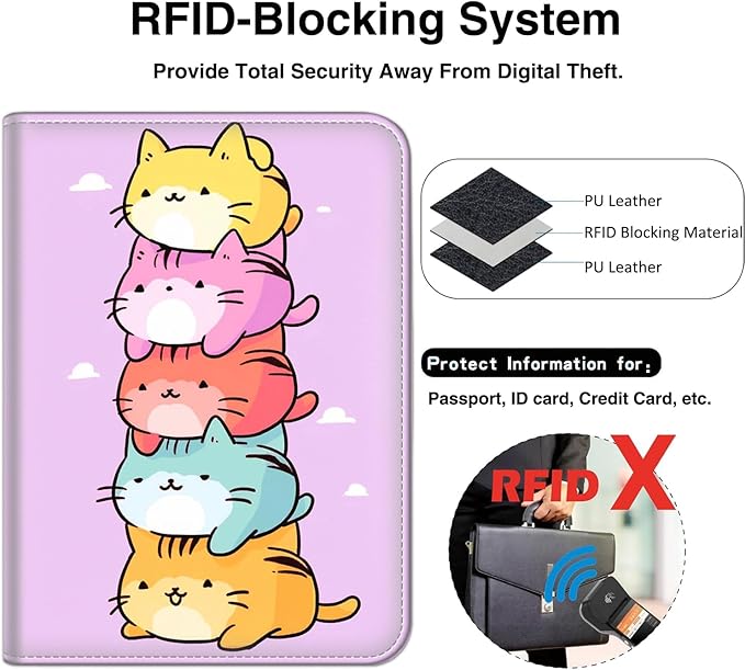 Passport Wallet, Passport Holder with RFID Blocking and Luggage Tag, Waterproof PU Leather Travel Documents Organizer Case, Passport Covers with Card Slot for Women & Men, Gay Pride Cats Passport Book