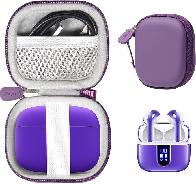 Case for TAGRY X08 Bluetooth Headphones True Wireless Earbuds 60H, mesh Pocket for Charge Cable (Violet)